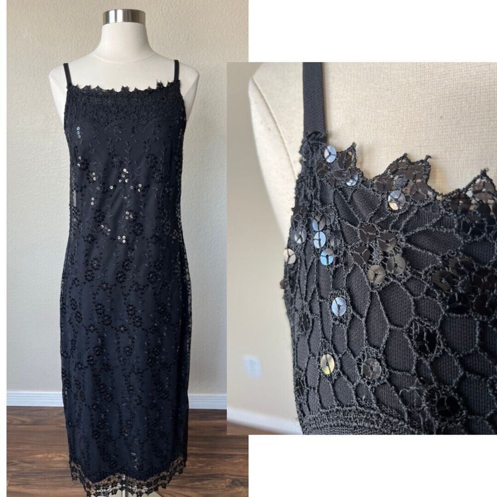 Vintage 90s Carole Little Black Midi Slip Dress Size 4